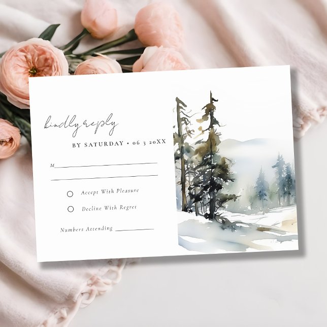 Winter Pine Tree Snow Landscape Watercolor Wedding RSVP Card (Creator Uploaded)