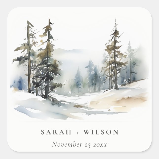 Winter Pine Tree Snow Landscape Watercolor Wedding Square Sticker (Front)
