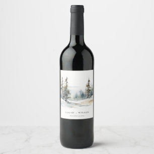 Winter Pine Tree Snow Landscape Watercolor Wedding Wine Label