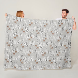 Winter Pine Trees and Cute Deer  Fleece Blanket
