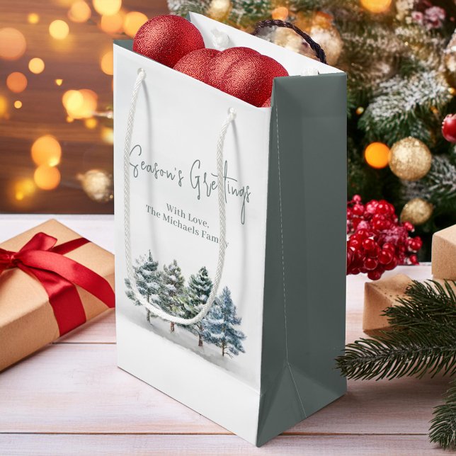 Winter Pine Trees Christmas Personalised  Small Gift Bag (Holiday custom gift bag with watercolor pine trees.)