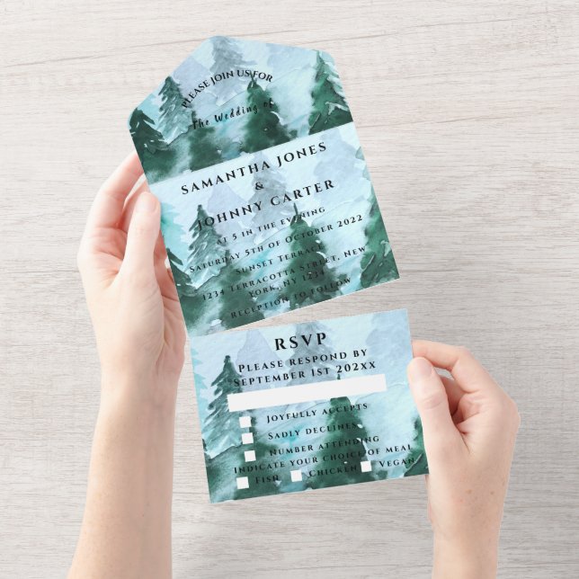 Winter Pine Trees Forest Snow RSVP Wedding  All In One Invitation (Tearaway)