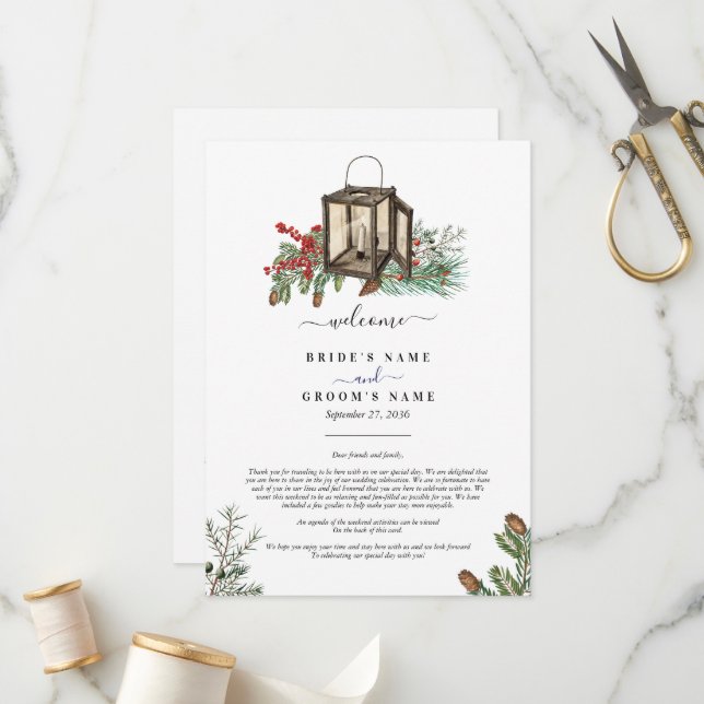 Winter Pine Trees Lantern Wedding  Itinerary Program (Front/Back In Situ)