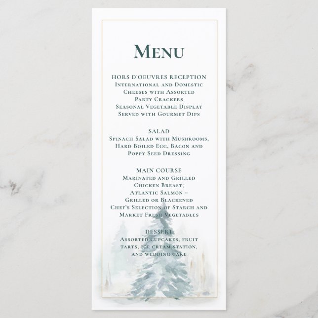 Winter Pine Trees Snow Pine Green Background Menu (Front)
