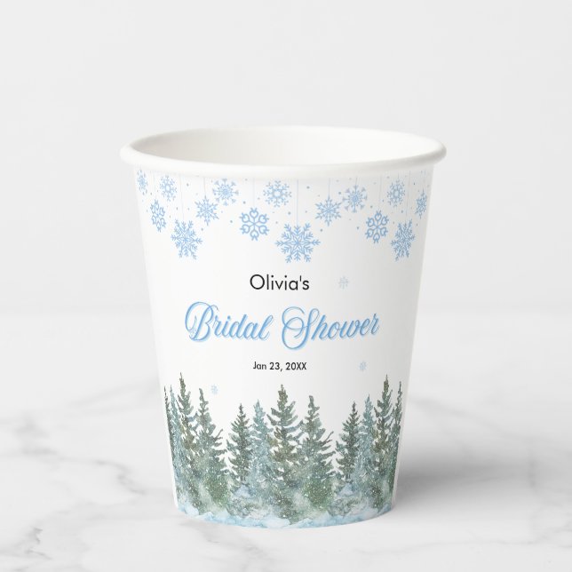Winter Pine Trees Snowflakes Bridal Shower  Paper Cups (Front)