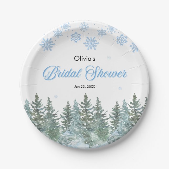 Winter Pine Trees Snowflakes Bridal Shower Paper Plate (Front)