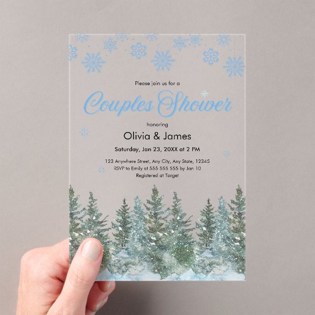 Winter Pine Trees Snowflakes Couples Bridal Shower Acrylic Invitations (Insitu (Handheld))