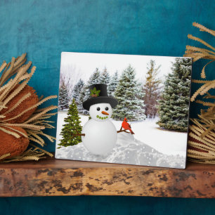 Winter Pine Trees Snowman and Cardinal Bird  Plaque