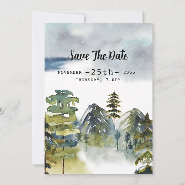 Winter pine trees wedding invitations card design (Back)