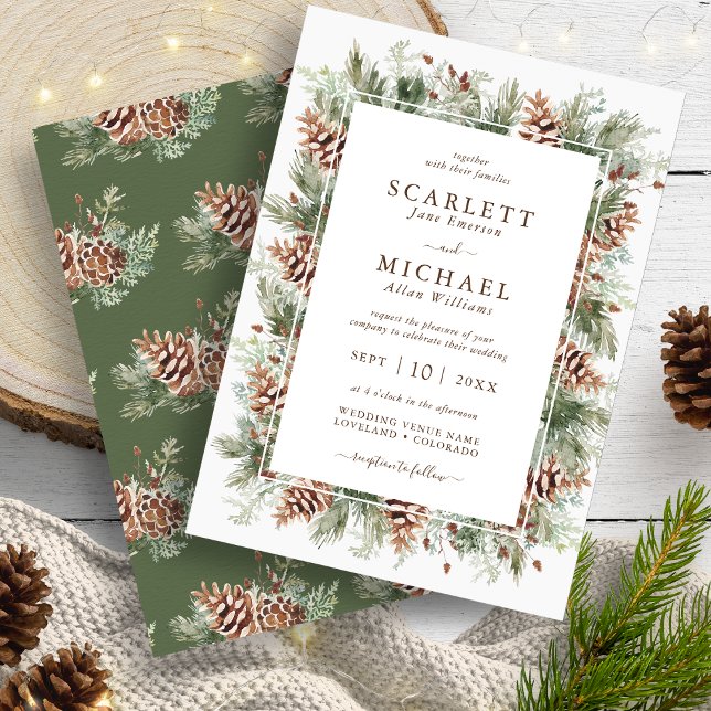 Winter Pine Wedding Invitation (Winter Outdoors Watercolor Pine Greenery Wedding Invitation by Painted Paperie
)