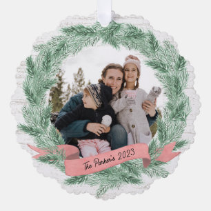Winter Pine Wreath and Banner with Photo Tree Decoration Card