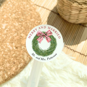 Winter Pine Wreath Bow Merry & Married Christmas Classic Round Sticker