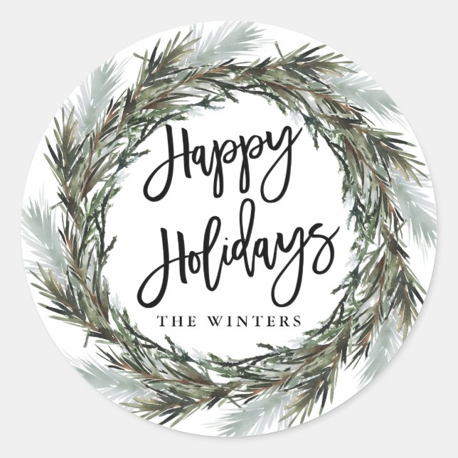 Winter Pine Wreath Happy Holidays  Classic Round Sticker (Front)