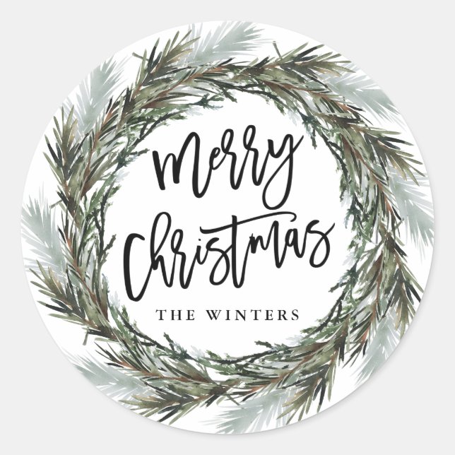 Winter Pine Wreath Merry Christmas Classic Round S Classic Round Sticker (Front)