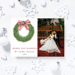 Winter Pine Wreath Merry & Married Photo Christmas Holiday Card