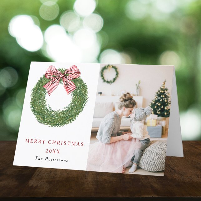 Winter Pine Wreath Red Bow Two Photo Christmas Holiday Card (Creator Uploaded)