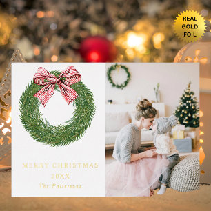 Winter Pine Wreath Stripes Red Bow Photo Christmas Foil Holiday Card