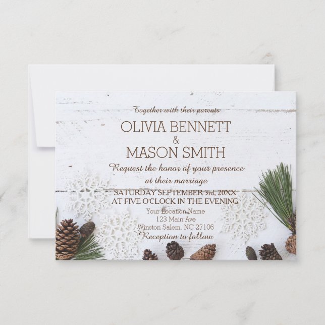 Winter Pinecone and Snowflakes Wedding Card (Front)