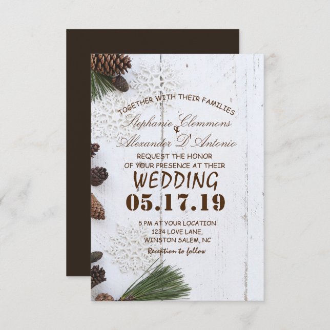 Winter Pinecone and Snowflakes Wedding Card (Front/Back)