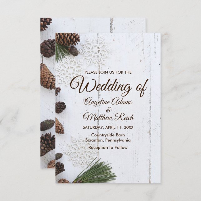 Winter Pinecone and Snowflakes Wedding Card (Front/Back)