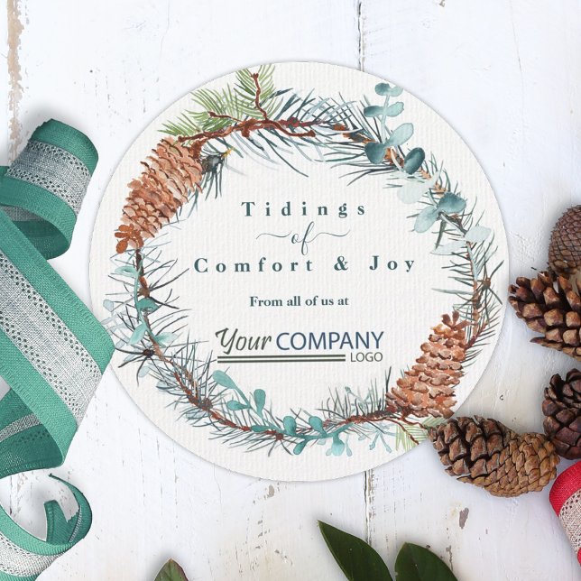 Winter Pinecone Eucalyptus Company Logo Christmas Invitation (rustic watercolor winter leaves  pinecones company holiday christmas cards for clients and employees)