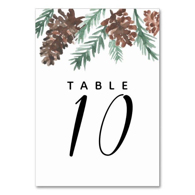 Winter Pinecone Watercolor Modern Wedding Table Number (Front)