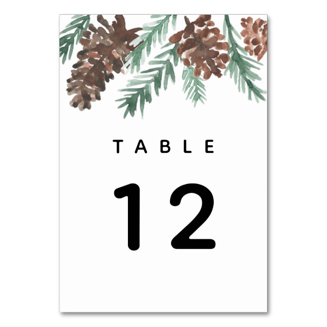 Winter Pinecone Watercolor Modern Wedding Table Number (Front)