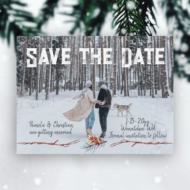 Winter Pinecone Wedding Save-the-Date Postcard (winter pinecone save the date wedding announcement watercolor pine needles pinecones rustic wedding)