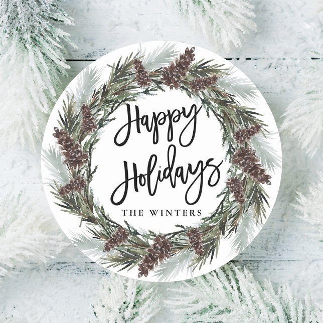 Winter Pinecone Wreath Happy Holiday Classic Round Sticker (Creator Uploaded)