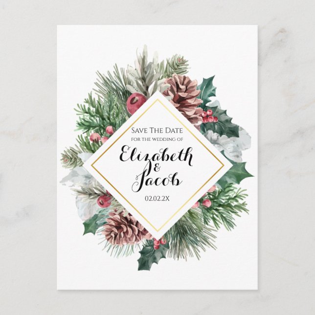 Winter Pinecones and Holly Save the Date Postcard (Front)