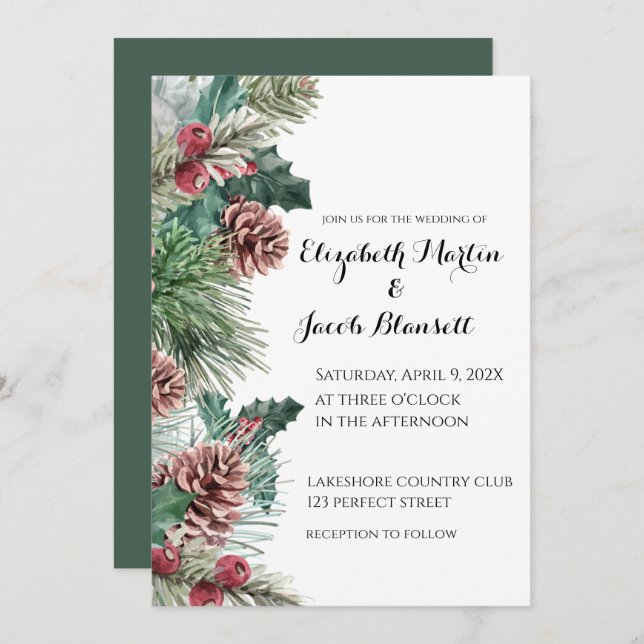Winter Pinecones, and Holly Wedding Invitation (Front/Back)