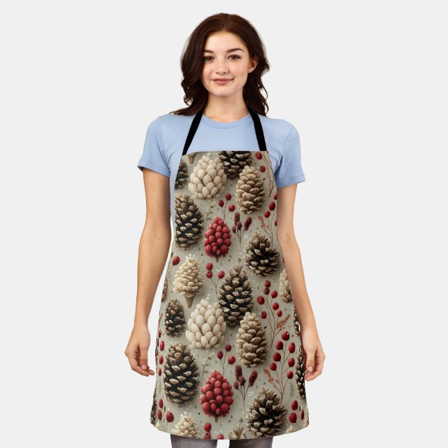 Winter Pinecones and Red Berries Apron (Worn)
