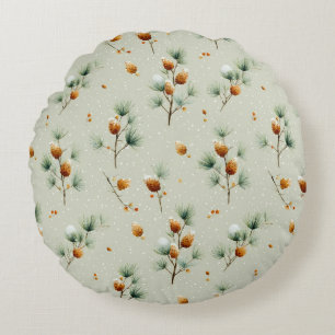 Winter Pinecones and Snowy Branches Round Cushion