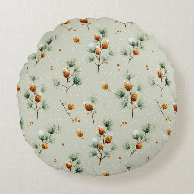 Winter Pinecones and Snowy Branches Round Cushion (Front)