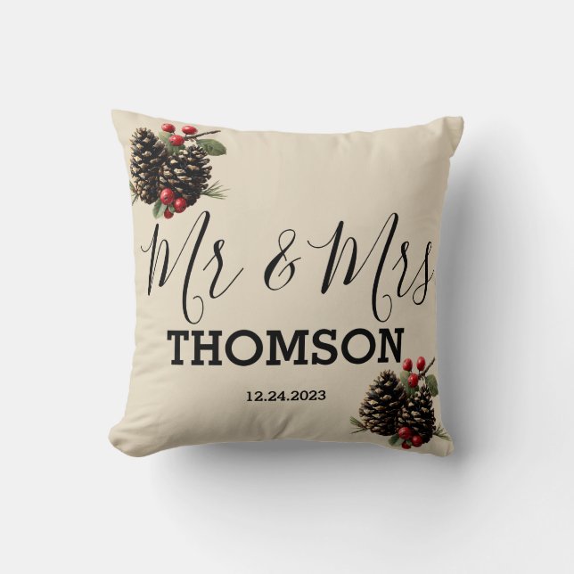 Winter Pinecones & Berries Family Throw Pillow (Front)