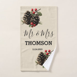 Winter Pinecones & Berries Family Throw Pillow Bath Towel Set