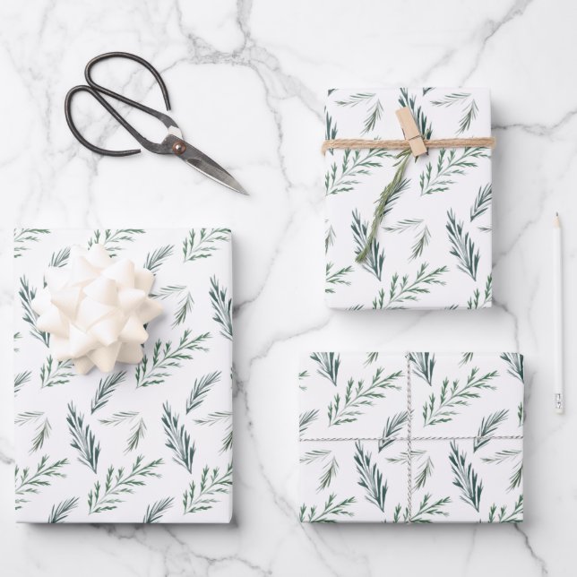 Winter Pineneedle Painted Elegant Holiday Wrapping Paper Sheet (Front)