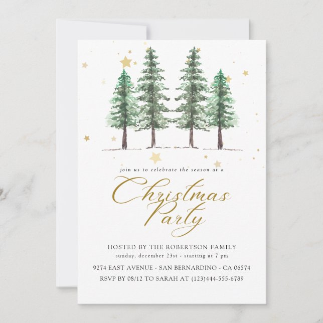 Winter Pines & Christmas Holiday Party Invitation. (Front)