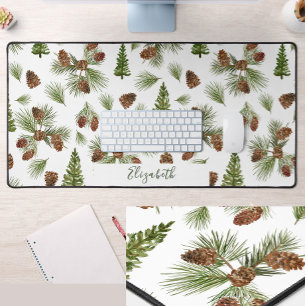Winter Pines Custom Name Greenery Desk Mat