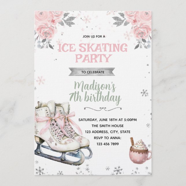 Winter Pink and Silver Skating invitation (Front)