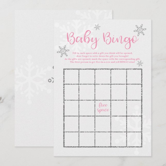 Winter Pink and Silver Snowflake Baby Bingo Invitation (Front/Back)