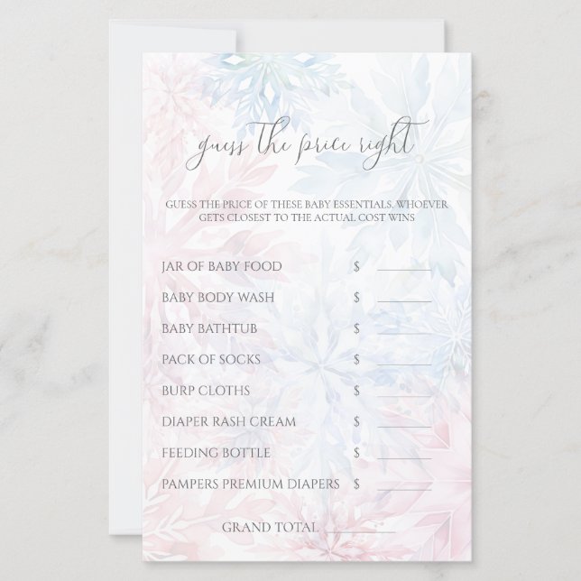 Winter Pink Blue Snowflake Guess The Price Game (Front)