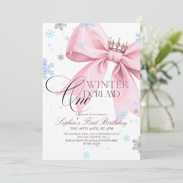 Winter Pink Bow 1st Birthday Party Invitation (Standing Front)