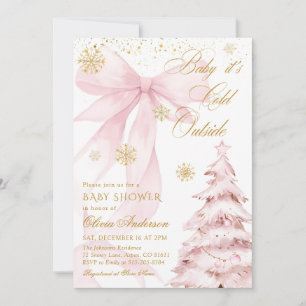 Winter Pink Bow Baby It's Cold Outside Baby Shower Invitation