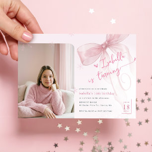 Winter Pink Bow Girl Photo 16th Birthday Party Invitation