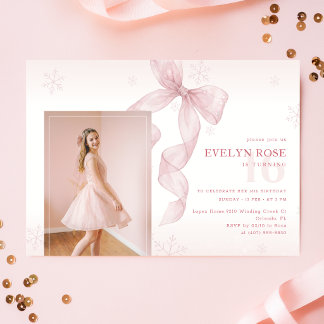 Winter Pink Bow Snowflake Girl Photo 16th Birthday Invitation