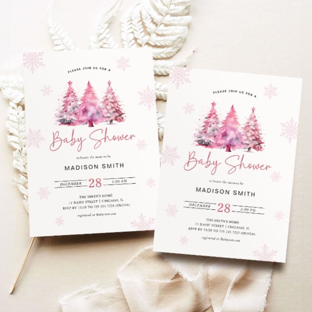Winter Pink Christmas Tree Baby Shower Girl Invitation (Creator Uploaded)