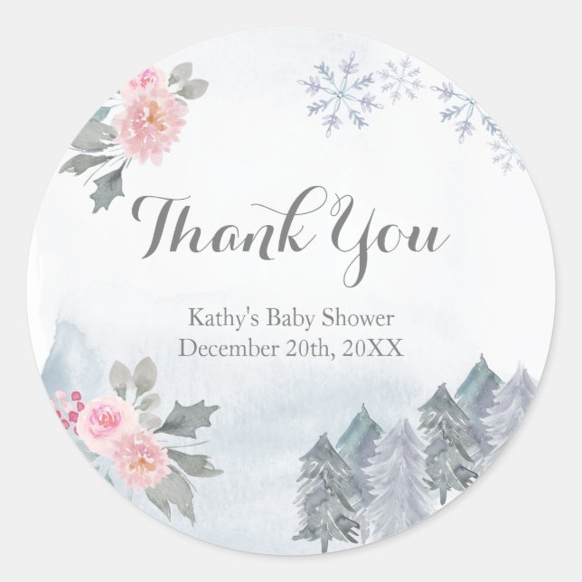 Winter Pink Floral Baby Shower Thank You Sticker (Front)