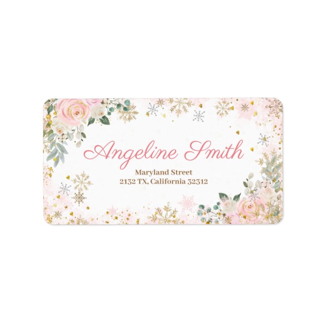 Winter Pink Floral Snowflake Baby Shower Label (Front)