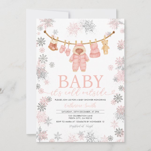 Winter Pink Girl It’s Cold Outside Baby Shower Invitation (Front)